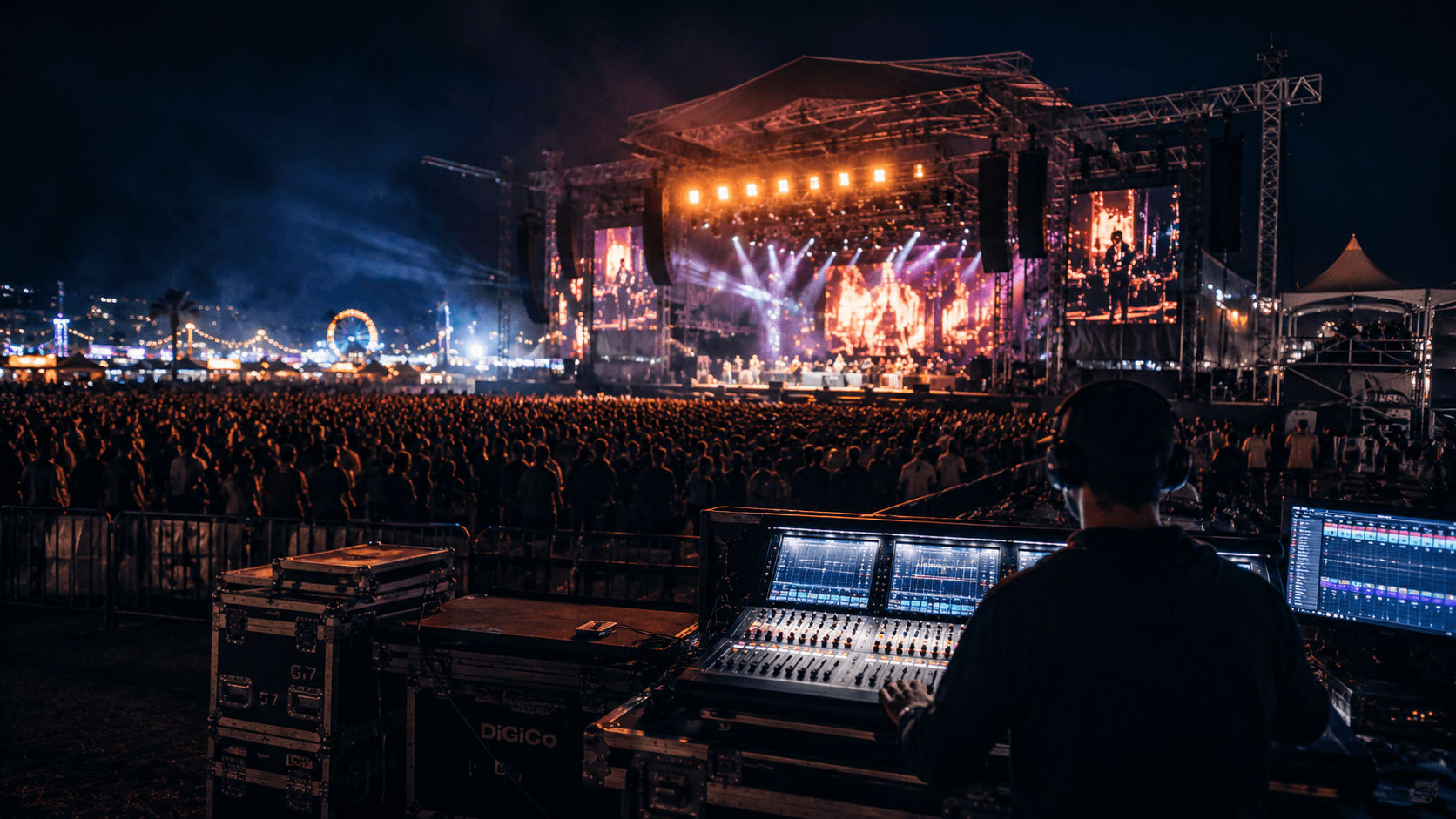 Front of house position at a large outdoor festival, with an engineer at a mixing console facing the stage and crowd.
