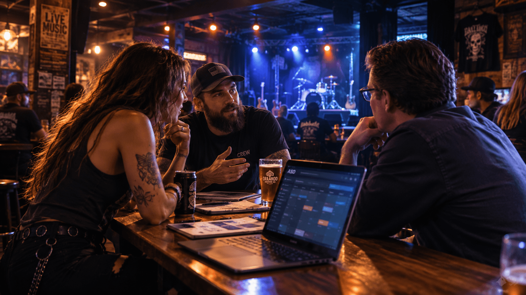 Three live event professionals in conversation at a table in a small music venue, a laptop open between them and the stage lit behind.