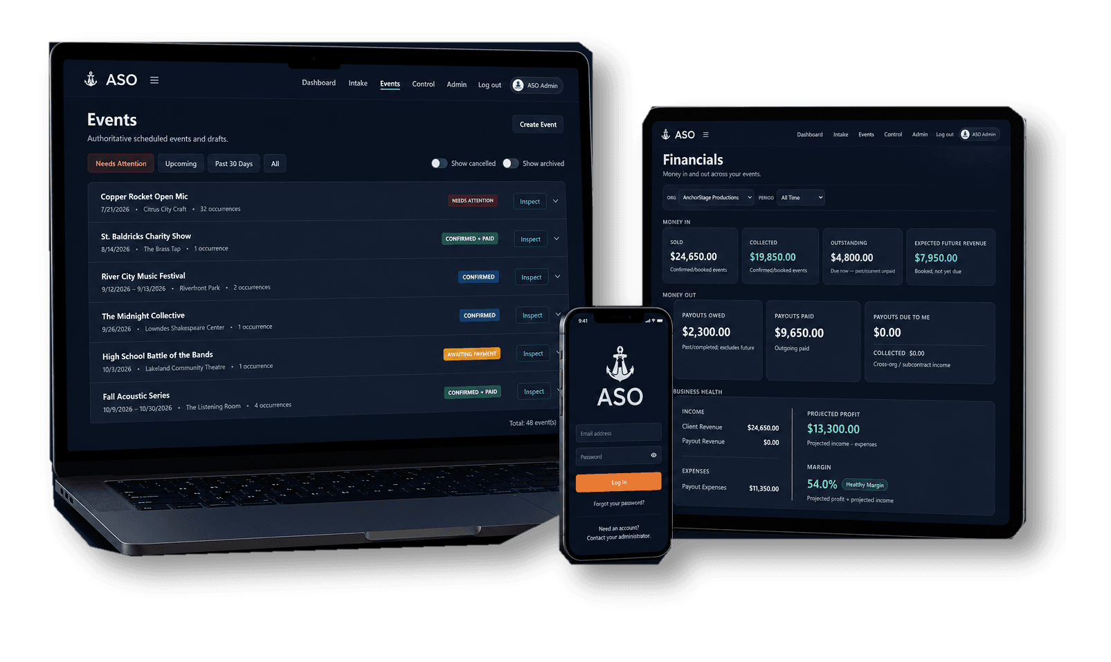 The ASO platform shown on a laptop, tablet, and phone: the events list, the financials overview, and the sign-in screen.