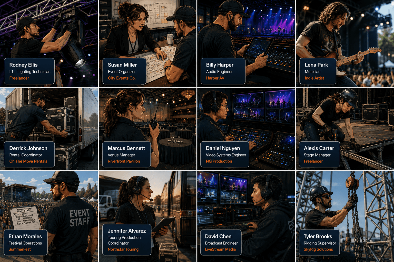 A montage of live event professionals, each labeled with their role: lighting and audio technicians, an event organizer, a musician, a rental coordinator, a venue manager, a video engineer, a stage manager, and festival operations staff.